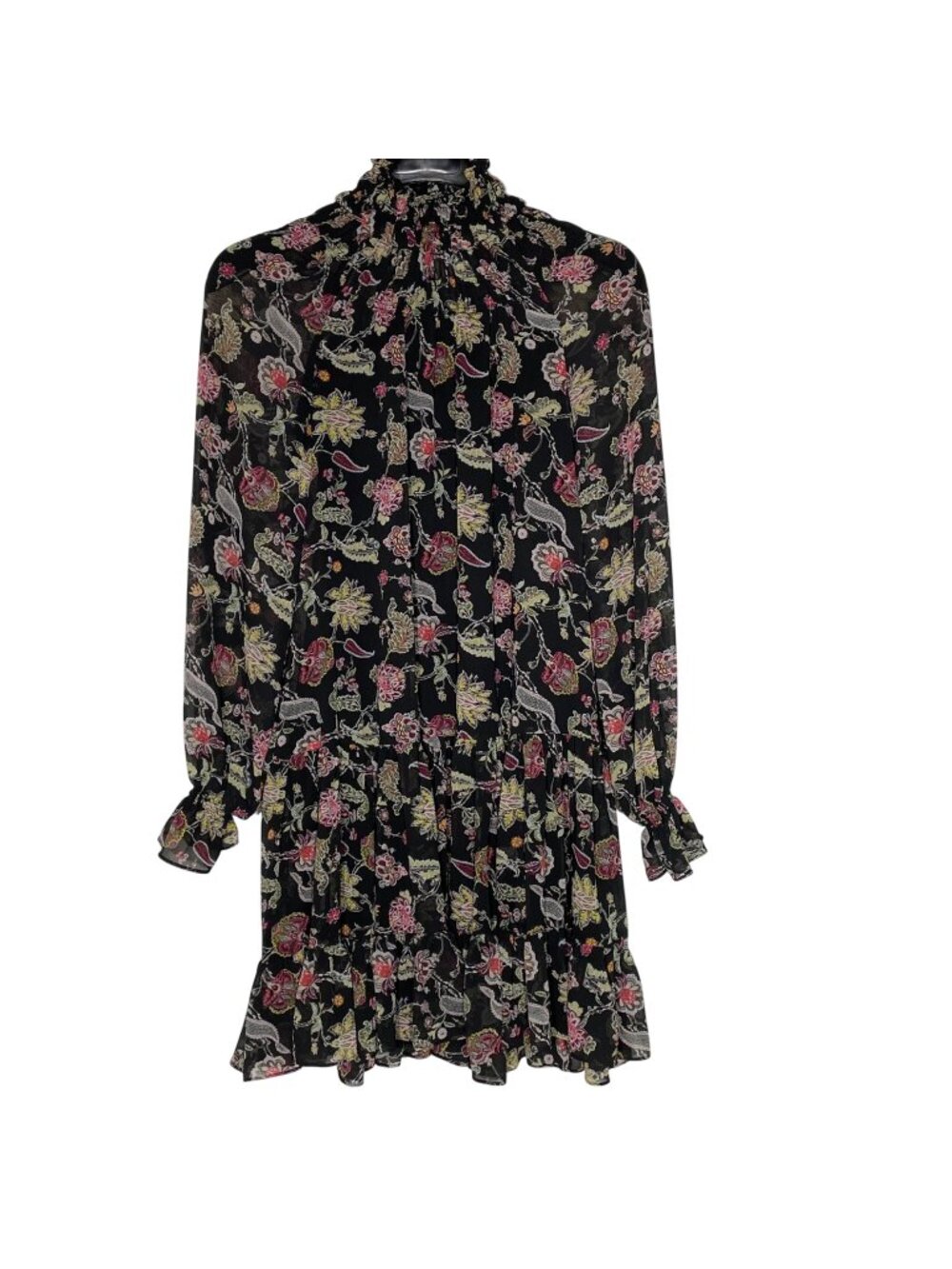 Cinq a Sept Daija Dark Floral Paisley Tiered Mini Dress Sz 0 Mock Neck